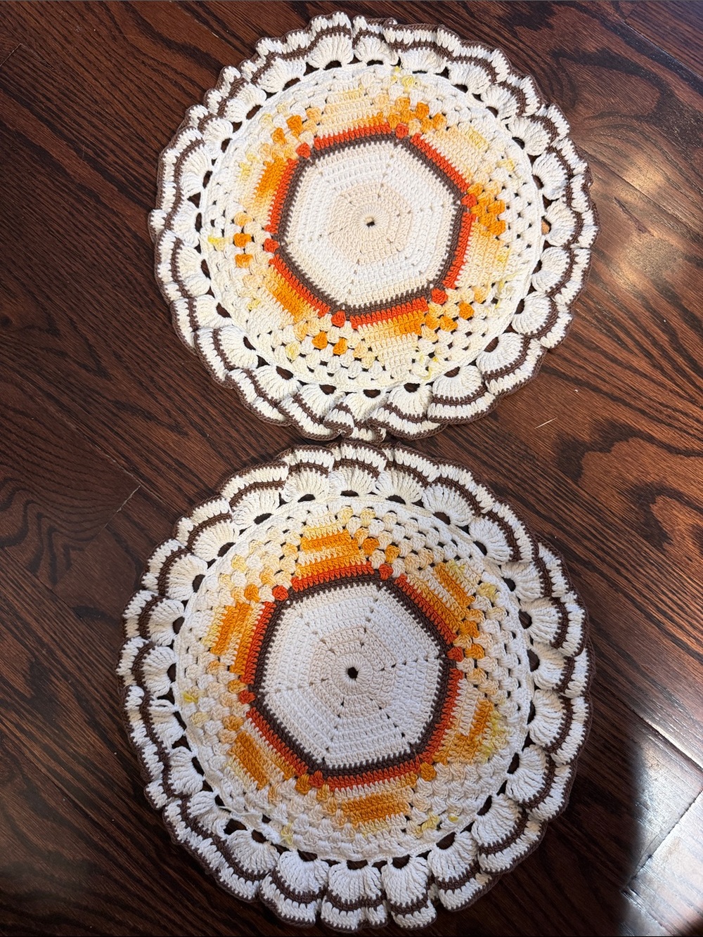Two Handmade Cotton Lace Doilies Table Placemats Crochet Cloth Knitted 10.5”